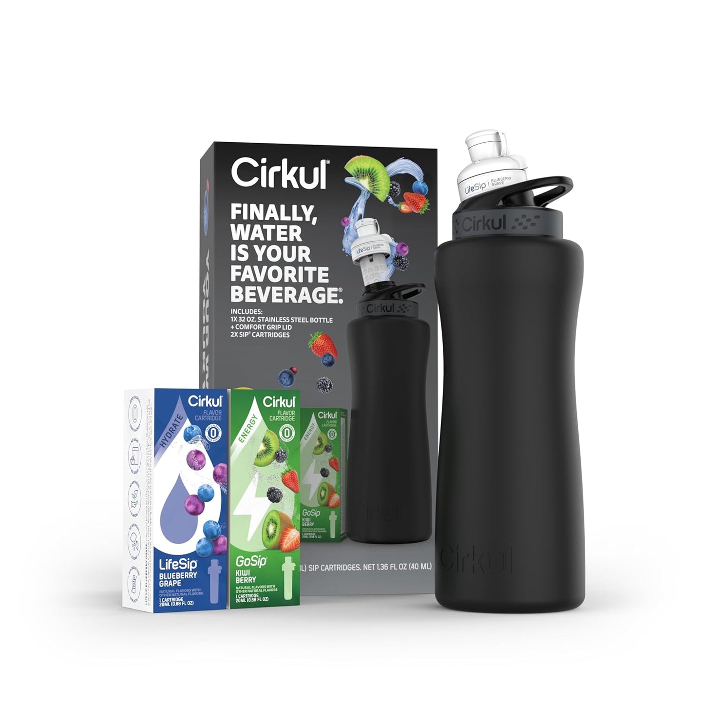 32Oz. Chameleon Stainless Steel Water Bottle Starter Kit with Green Lid, 2 Flavor Cartridges (1 Lifesip Blackberry Blueberry, 1 Gosip Berry Blue Punch) Zero Calories and No Sugar