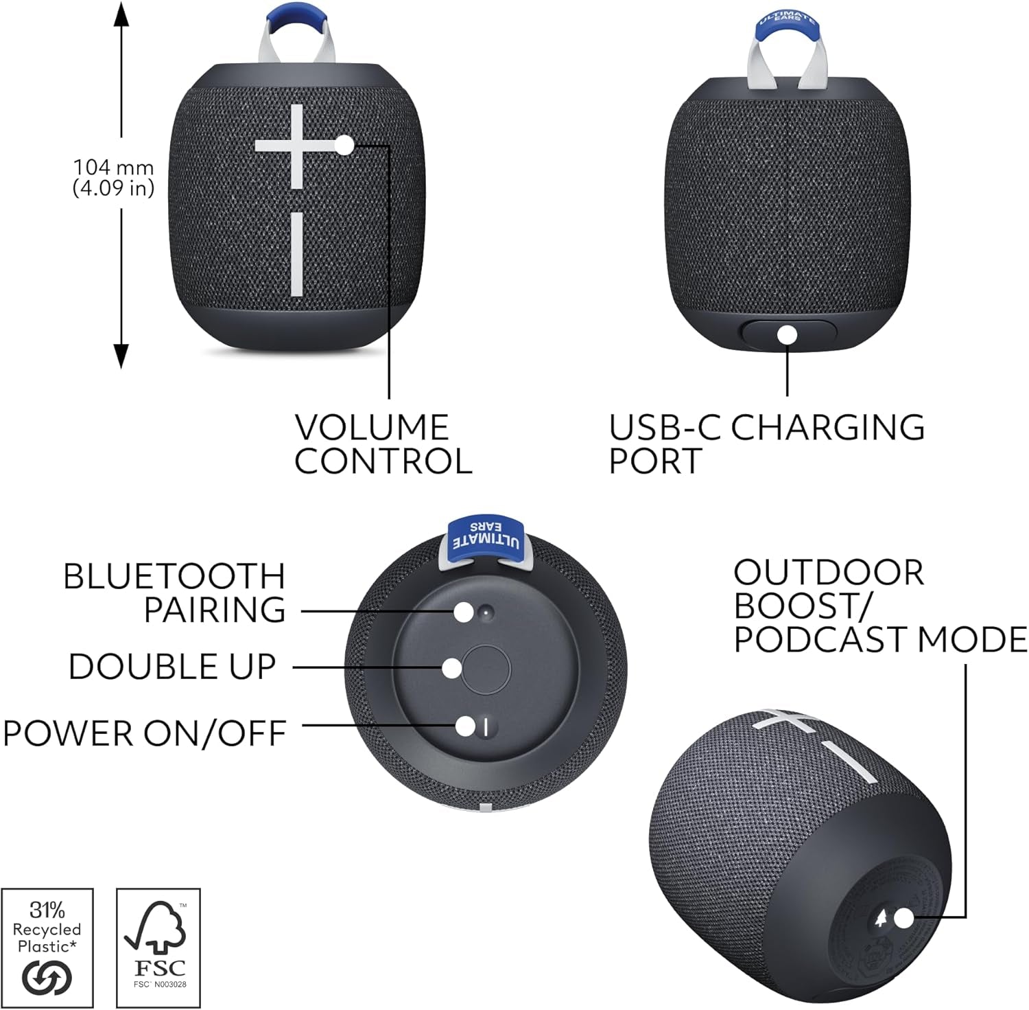 WONDERBOOM 4 Portable Waterproof Bluetooth Speaker with Big Bass and 360-Degree Sound, Dustproof Floating Speaker with 131Ft (40M) Range - Black